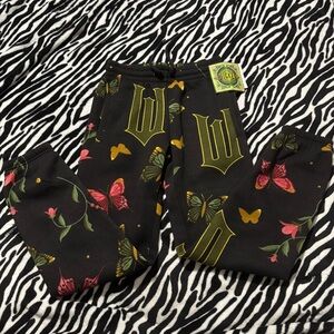 Wicked Graphic Print Fleece Jogger Bottoms Black Floral & Butterfly Print XXS